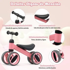 Bicicleta infantil para crianças de 1 a 2 anos Bicicleta infantil de 4 rodas com direção limitada sem pedais 47 x 20 x 37,5 cm Rosa