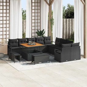 Conjunto de Sofá de Jardim de 13 Peças com Almofadas Preto em Rattan P