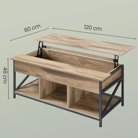 Mesa de centro com espaço de arrumação aberto e oculto 60 x 120 x (48-62) castanho camelo-preto