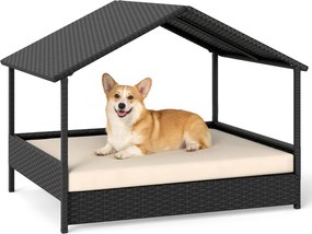 Cama de rattan para cães com toldo de rattan, para jardim 98 x 69 x 74 cm, Suporta 60 kg Almofada removível para interior e exterior Bege e preto