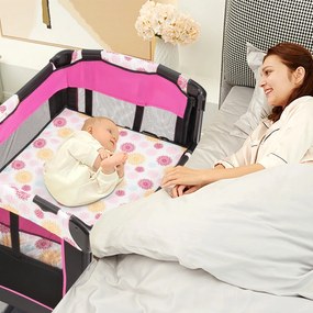Berço portátil 3 em 1 para crianças com trocador Centro de actividades Centro de actividades com rodas e travões 107 x 72 x 80,5 cm Rosa