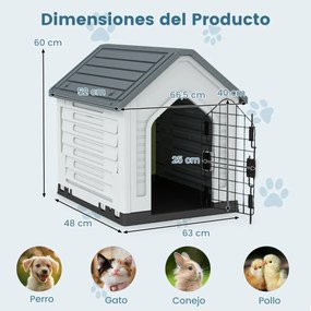 Casota para cães 66,5 x 52 x 60 cm com porta metálica com fechadura e telhado inclinado Boa ventilação para interior e exterior cinzento