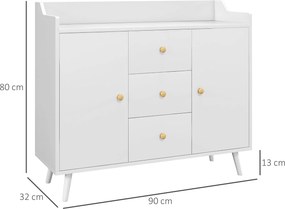 Aparador Sala de Estar Moderno com 2 Portas 3 Gavetas e Pés de Madeira de Pinho 90x32x80 cm Branco