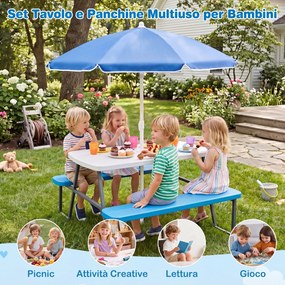 Mesa de Piquenique Infantil com 2 Bancos Integrados, 102 x 100 x 150 cm, Guarda-sol Removível e Ajustável, Azul