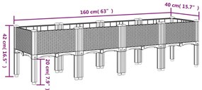 Vaso/floreira de jardim c/ pernas 160x40x42 cm PP cinzento