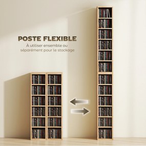 Conjunto de 2 prateleiras verticais para arrumação de CDs e DVDs, com 12 compartimentos, 21 x 22,5 x 88,5 cm, capacidade para 204 CDs, em madeira natu