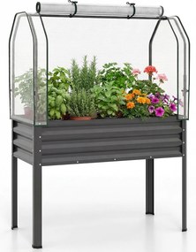 Floreira elevada com estufa 112 x 55 x 152 cm, canteiro de jardim em metal galvanizado com cobertura de proteção e porta enrolável para pátio, terraço