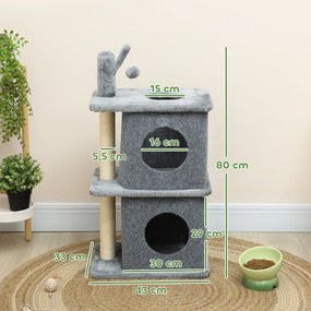 Arranhador para gatos de 3 níveis em forma de torre, com 2 compartimentos abertos e uma superfície de descanso confortável, bola 43 x 33 x 80 cm cinze