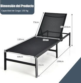 Conjunto de 2 Espreguiçadeiras de Terraço, 64 x 198 x 67-103 cm, Encosto Reclinável em 6 Níveis, Preto