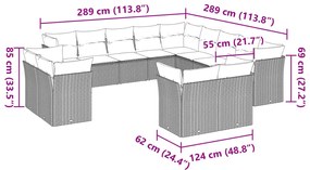 13 pcs conj. sofás jardim c/ almofadões vime PE cinzento-claro