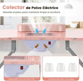 Mesa de manicure portátil 90 x 43 x 73 cm com ventilador elétrico de aspiração, lâmpada LED flexível e saco de pó com rodas bloqueáveis rosa
