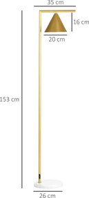 Candeeiro de pé 40  35 x 26 x 153 cm para sala de estar em aço com abajur cónico orientável e base em mármore, dourado