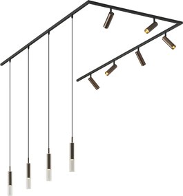 Sistema de calhas de iluminação moderno preto com 6 focos e 4 candeeiros suspensos bronze escuro monofásico - Slimline Uzzy Loyce