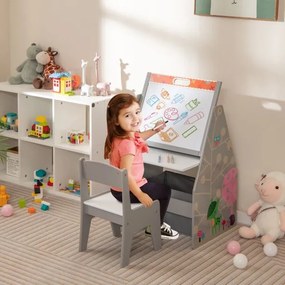 Conjunto de mesa e cadeira para crianças com 2 caixas de tecido removíveis, quadros magnéticos e quadro branco para brincar e desenhar Cinzento
