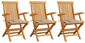 vidaXL Cadeiras de jardim c/ almofadões xadrez cinzento 3 pcs teca