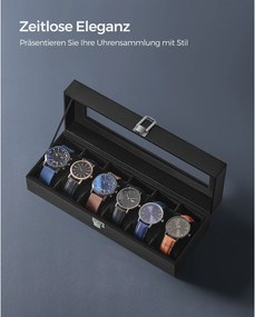 Caixa para 6 relógios 11,2 x 30 x 8 cm revestimento em PU preto, forro em veludo preto
