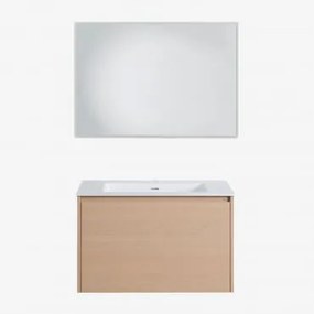Conjunto De Móvel De Casa De Banho Suspenso 80x50 Cm Em Madeira Com Lavatório Integrado Jacob Madeira Natural & Led Retangular - Sklum