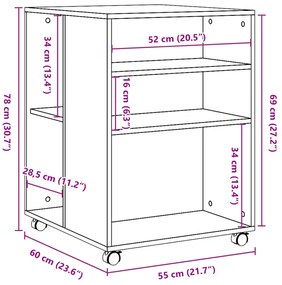 Mesa de apoio c/ rodas 55x60x78 cm derivados de madeira branco