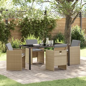 vidaXL Conjunto de Jantar de Jardim com 5 Peças e Almofadas Bege Rattan Poliéster