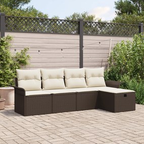 Conjunto de Sofá de Jardim com 5 Peças e Almofadas Castanho Rattan Pol