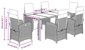 7 pcs conjunto de jantar p/ jardim c/ almofadões vime PE preto