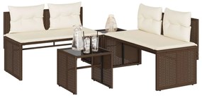 4 pcs conjunto sofás de jardim c/ almofadões vime PE castanho