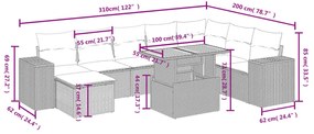 9 pcs conjunto de sofás p/ jardim com almofadões vime PE bege