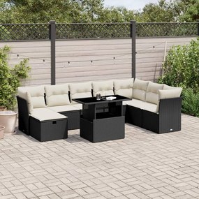 9 pcs conjunto de sofás p/ jardim c/ almofadões vime PE preto
