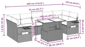 8 pcs conjunto sofás de jardim c/ almofadões vime PE cinzento