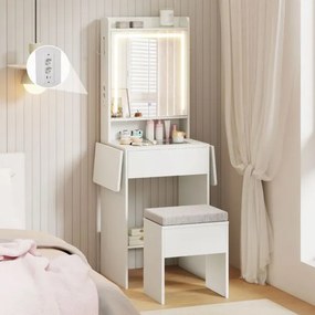 Toucador com espelho e luzes Penteadeira compacta para maquilhagem com tampa de vidro visível Tomadas Painéis dobráveis 3 modos Branco