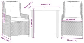 3 pcs conjunto de jantar p/ jardim c/ almofadões vime PE preto
