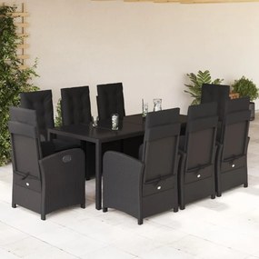 9 pcs conjunto de jantar p/ jardim c/ almofadões vime PE preto