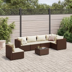 7 pcs conjunto lounge de jardim c/ almofadões vime PE castanho