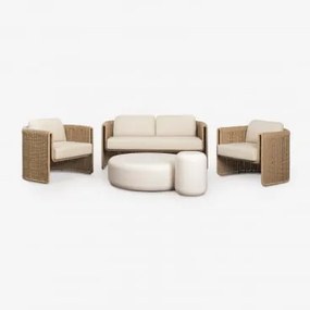 Conjunto De Sala Com Sofá De 2 Lugares, 2 Poltronas Em Aço E Vime Sintético Lina E 2 Mesas De Centro Em Cimento Fonelas Tecido Gardénia Branco - Sklum