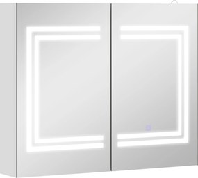 kleankin Armário para Casa de Banho com Espelho Luz LED Interruptor Tátil Cor Luz Ajustável 80x15x65 cm Branco Brilhante | Aosom Portugal