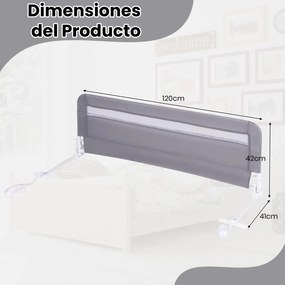 Barreira de Cama para Crianças Dobrável de 120 cm com Capa Removível e Lavável e Correia de Segurança Cinzento