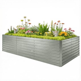 Floreira jardim 240 x 120 x 60 cm, elevada galvanizada com rebordo de segurança e fundo aberto, cinzento prateado