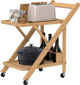 Carro de serviço de cozinha em bambu  66 x 40 x 70 cm, dobrável, com 2 tabuleiros, 4 rodas e 3 compartimentos para garrafas de vinho,, madeira natural