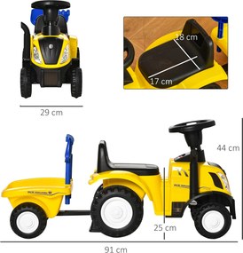 Trator andarilho para Crianças de 12-36 Meses com Reboque Removível Carro Andador com Buzina Farol Pá e Ancinho Carga 25kg 91x29x44cm Amarelo