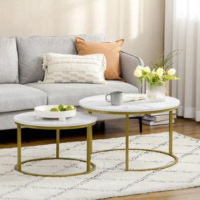 Conjunto de 2 mesas baixas encaixáveis, redondas, com tampo com efeito mármore e pés em aço, Ø 74 x 46,3 cm, branco dourado
