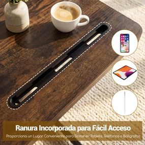 Mesa lateral apoio 80 x 40 x 75 cm com rodas em forma de C para sofá, quarto e sala, castanho rústico e preto