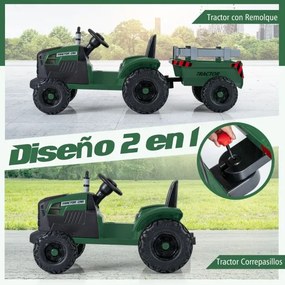 Trator elétrico de 24 V para crianças com reboque removível Controlo remoto Música Porta USB Luzes LED verde