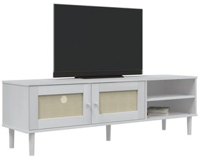 Móvel de TV SENJA aspeto vime 158x40x49 cm pinho maciço branco