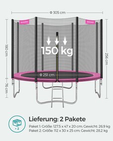 Trampolim de 305 cm de diâmetro com rede de segurança e escada rosa