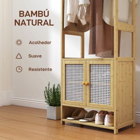 Móvel Cabide de Entrada de Bambu com Sapateira Barra para Pendurar Prateleira Ajustável 53x31x168 cm Madeira