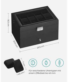 Caixa arrumação relógios com 2 níveis para 20 relógios 20,5 x 28,5 x 16,5 cm preta