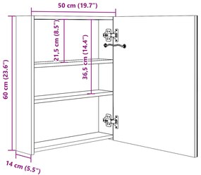 Armário espelhado casa de banho LED 50x14x60cm cinzento