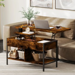 Mesa de centro elevável e extensível, com compartimento oculto e prateleiras abertas, 98 x 49 x 55 cm, castanho rústico