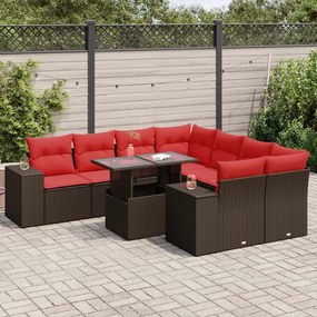 9 pcs conj. sofás jardim c/ almofadões vime PE/acácia castanho