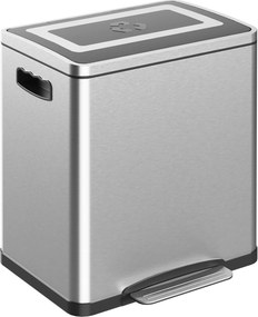 Caixote do lixo de cozinha com 2 compartimentos de 2 x 15 L, com pedal, em aço inoxidável, com tampa de fecho suave prateado